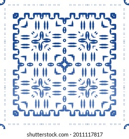 Decorative color ceramic azulejo tiles. Universal design. Vector seamless pattern concept. Blue folk ethnic ornament for print, web background, surface texture, towels, pillows, wallpaper.