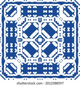 Decorative color ceramic azulejo tiles. Minimal design. Vector seamless pattern illustration. Blue folk ethnic ornament for print, web background, surface texture, towels, pillows, wallpaper.