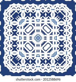 Decorative color ceramic azulejo tiles. Vector seamless pattern watercolor. Modern design. Blue folk ethnic ornament for print, web background, surface texture, towels, pillows, wallpaper.