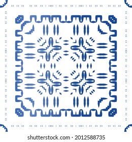 Decorative color ceramic azulejo tiles. Universal design. Vector seamless pattern concept. Blue folk ethnic ornament for print, web background, surface texture, towels, pillows, wallpaper.