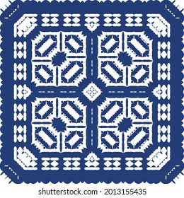 Decorative color ceramic azulejo tiles. Vector seamless pattern concept. Hand drawn design. Blue folk ethnic ornament for print, web background, surface texture, towels, pillows, wallpaper.
