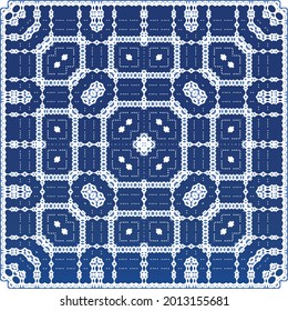 Decorative color ceramic azulejo tiles. Minimal design. Vector seamless pattern elements. Blue folk ethnic ornament for print, web background, surface texture, towels, pillows, wallpaper.