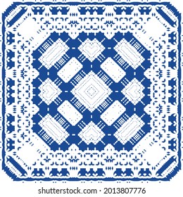 Decorative color ceramic azulejo tiles. Minimal design. Vector seamless pattern illustration. Blue folk ethnic ornament for print, web background, surface texture, towels, pillows, wallpaper.