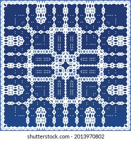 Decorative color ceramic azulejo tiles. Minimal design. Vector seamless pattern elements. Blue folk ethnic ornament for print, web background, surface texture, towels, pillows, wallpaper.