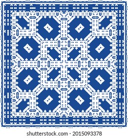 Decorative color ceramic azulejo tiles. Minimal design. Vector seamless pattern illustration. Blue folk ethnic ornament for print, web background, surface texture, towels, pillows, wallpaper.