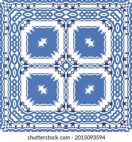 Decorative color ceramic azulejo tiles. Geometric design. Vector seamless pattern frame. Blue folk ethnic ornament for print, web background, surface texture, towels, pillows, wallpaper.