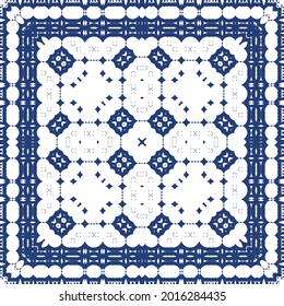 Decorative color ceramic azulejo tiles. Vector seamless pattern arabesque. Kitchen design. Blue folk ethnic ornament for print, web background, surface texture, towels, pillows, wallpaper.