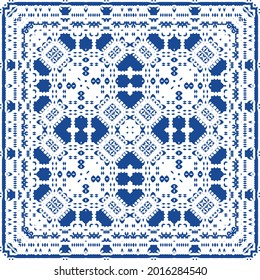 Decorative color ceramic azulejo tiles. Minimal design. Vector seamless pattern illustration. Blue folk ethnic ornament for print, web background, surface texture, towels, pillows, wallpaper.