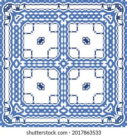 Decorative color ceramic azulejo tiles. Geometric design. Vector seamless pattern frame. Blue folk ethnic ornament for print, web background, surface texture, towels, pillows, wallpaper.