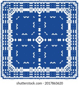 Decorative color ceramic azulejo tiles. Minimal design. Vector seamless pattern illustration. Blue folk ethnic ornament for print, web background, surface texture, towels, pillows, wallpaper.