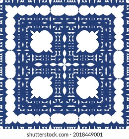 Decorative color ceramic azulejo tiles. Vector seamless pattern arabesque. Kitchen design. Blue folk ethnic ornament for print, web background, surface texture, towels, pillows, wallpaper.