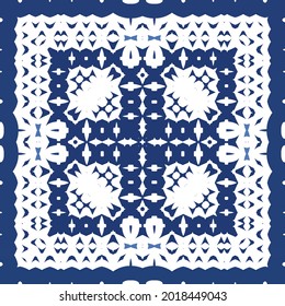 Decorative color ceramic azulejo tiles. Vector seamless pattern watercolor. Modern design. Blue folk ethnic ornament for print, web background, surface texture, towels, pillows, wallpaper.
