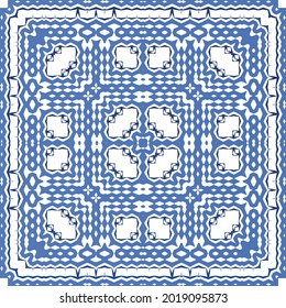 Decorative color ceramic azulejo tiles. Geometric design. Vector seamless pattern frame. Blue folk ethnic ornament for print, web background, surface texture, towels, pillows, wallpaper.