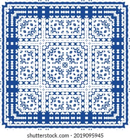 Decorative color ceramic azulejo tiles. Minimal design. Vector seamless pattern illustration. Blue folk ethnic ornament for print, web background, surface texture, towels, pillows, wallpaper.
