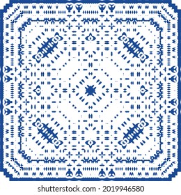 Decorative color ceramic azulejo tiles. Minimal design. Vector pattern illustration. Blue folk ethnic ornament for print, web background, surface texture, towels, pillows, wallpaper.