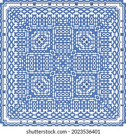 Decorative color ceramic azulejo tiles. Geometric design. Vector seamless pattern frame. Blue folk ethnic ornament for print, web background, surface texture, towels, pillows, wallpaper.