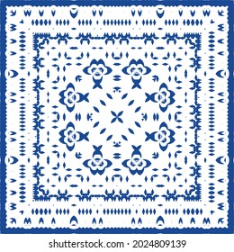 Decorative color ceramic azulejo tiles. Minimal design. Vector seamless pattern illustration. Blue folk ethnic ornament for print, web background, surface texture, towels, pillows, wallpaper.