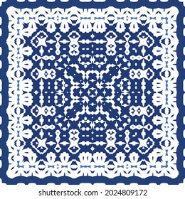 Decorative color ceramic azulejo tiles. Vector seamless pattern watercolor. Modern design. Blue folk ethnic ornament for print, web background, surface texture, towels, pillows, wallpaper.