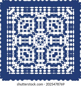 Decorative color ceramic azulejo tiles. Vector seamless pattern concept. Hand drawn design. Blue folk ethnic ornament for print, web background, surface texture, towels, pillows, wallpaper.