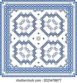 Decorative color ceramic azulejo tiles. Geometric design. Vector seamless pattern frame. Blue folk ethnic ornament for print, web background, surface texture, towels, pillows, wallpaper.
