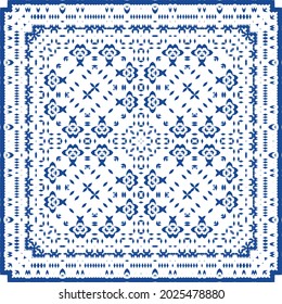 Decorative color ceramic azulejo tiles. Minimal design. Vector seamless pattern illustration. Blue folk ethnic ornament for print, web background, surface texture, towels, pillows, wallpaper.