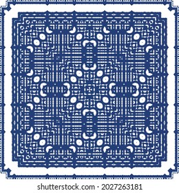 Decorative color ceramic azulejo tiles. Vector seamless pattern arabesque. Kitchen design. Blue folk ethnic ornament for print, web background, surface texture, towels, pillows, wallpaper.