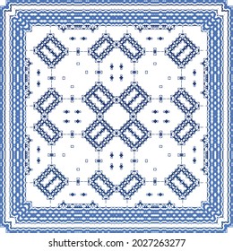 Decorative color ceramic azulejo tiles. Geometric design. Vector seamless pattern frame. Blue folk ethnic ornament for print, web background, surface texture, towels, pillows, wallpaper.