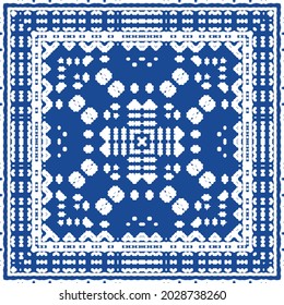 Decorative color ceramic azulejo tiles. Minimal design. Vector seamless pattern illustration. Blue folk ethnic ornament for print, web background, surface texture, towels, pillows, wallpaper.