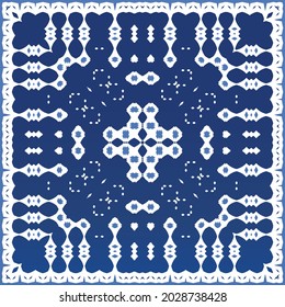 Decorative color ceramic azulejo tiles. Minimal design. Vector seamless pattern elements. Blue folk ethnic ornament for print, web background, surface texture, towels, pillows, wallpaper.