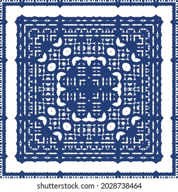 Decorative color ceramic azulejo tiles. Vector seamless pattern arabesque. Kitchen design. Blue folk ethnic ornament for print, web background, surface texture, towels, pillows, wallpaper.