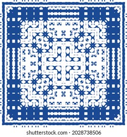 Decorative color ceramic azulejo tiles. Minimal design. Vector seamless pattern illustration. Blue folk ethnic ornament for print, web background, surface texture, towels, pillows, wallpaper.
