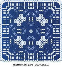 Decorative color ceramic azulejo tiles. Minimal design. Vector seamless pattern elements. Blue folk ethnic ornament for print, web background, surface texture, towels, pillows, wallpaper.