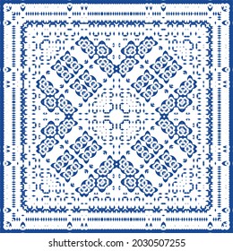 Decorative color ceramic azulejo tiles. Minimal design. Vector seamless pattern illustration. Blue folk ethnic ornament for print, web background, surface texture, towels, pillows, wallpaper.