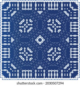 Decorative color ceramic azulejo tiles. Minimal design. Vector seamless pattern elements. Blue folk ethnic ornament for print, web background, surface texture, towels, pillows, wallpaper.