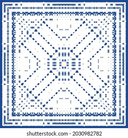 Decorative color ceramic azulejo tiles. Minimal design. Vector seamless pattern illustration. Blue folk ethnic ornament for print, web background, surface texture, towels, pillows, wallpaper.
