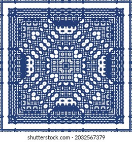 Decorative color ceramic azulejo tiles. Vector seamless pattern arabesque. Kitchen design. Blue folk ethnic ornament for print, web background, surface texture, towels, pillows, wallpaper.