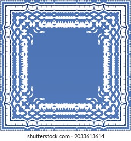 Decorative color ceramic azulejo tiles. Geometric design. Vector seamless pattern frame. Blue folk ethnic ornament for print, web background, surface texture, towels, pillows, wallpaper.