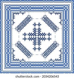 Decorative color ceramic azulejo tiles. Geometric design. Vector seamless pattern frame. Blue folk ethnic ornament for print, web background, surface texture, towels, pillows, wallpaper.