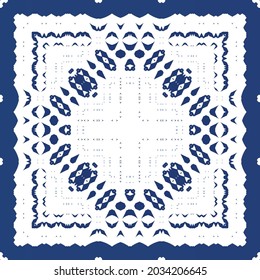 Decorative color ceramic azulejo tiles. Vector seamless pattern watercolor. Modern design. Blue folk ethnic ornament for print, web background, surface texture, towels, pillows, wallpaper.