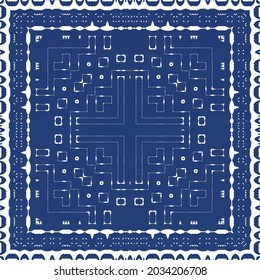 Decorative color ceramic azulejo tiles. Vector seamless pattern arabesque. Kitchen design. Blue folk ethnic ornament for print, web background, surface texture, towels, pillows, wallpaper.