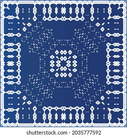 Decorative color ceramic azulejo tiles. Minimal design. Vector seamless pattern elements. Blue folk ethnic ornament for print, web background, surface texture, towels, pillows, wallpaper.