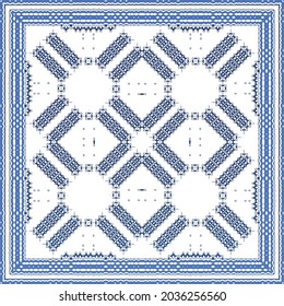 Decorative color ceramic azulejo tiles. Geometric design. Vector seamless pattern frame. Blue folk ethnic ornament for print, web background, surface texture, towels, pillows, wallpaper.