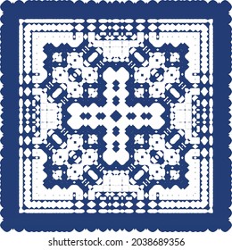 Decorative color ceramic azulejo tiles. Vector seamless pattern concept. Hand drawn design. Blue folk ethnic ornament for print, web background, surface texture, towels, pillows, wallpaper.