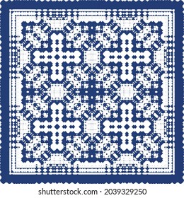 Decorative color ceramic azulejo tiles. Vector seamless pattern concept. Hand drawn design. Blue folk ethnic ornament for print, web background, surface texture, towels, pillows, wallpaper.