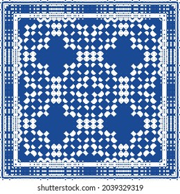 Decorative color ceramic azulejo tiles. Minimal design. Vector seamless pattern illustration. Blue folk ethnic ornament for print, web background, surface texture, towels, pillows, wallpaper.