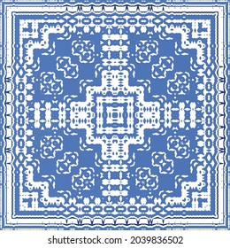 Decorative color ceramic azulejo tiles. Geometric design. Vector seamless pattern frame. Blue folk ethnic ornament for print, web background, surface texture, towels, pillows, wallpaper.