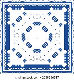 Decorative color ceramic azulejo tiles. Minimal design. Vector seamless pattern illustration. Blue folk ethnic ornament for print, web background, surface texture, towels, pillows, wallpaper.