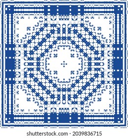 Decorative color ceramic azulejo tiles. Minimal design. Vector seamless pattern illustration. Blue folk ethnic ornament for print, web background, surface texture, towels, pillows, wallpaper.