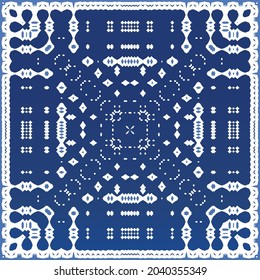 Decorative color ceramic azulejo tiles. Minimal design. Vector seamless pattern elements. Blue folk ethnic ornament for print, web background, surface texture, towels, pillows, wallpaper.