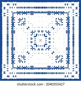 Decorative color ceramic azulejo tiles. Minimal design. Vector seamless pattern illustration. Blue folk ethnic ornament for print, web background, surface texture, towels, pillows, wallpaper.